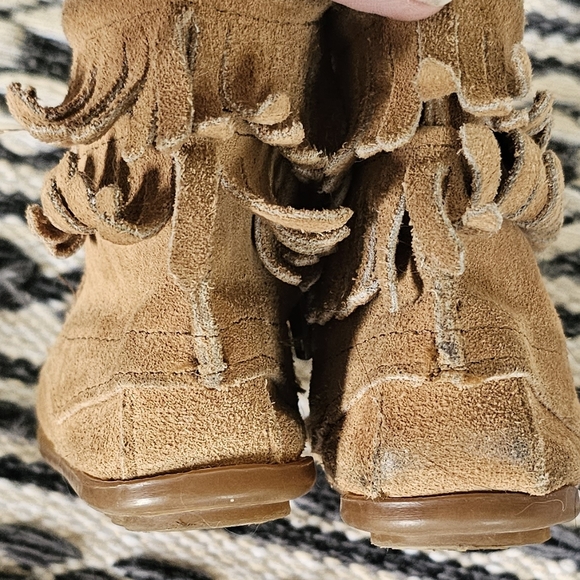 Minnetonka Double Fringe Side Zip Brown Leather Moccasins kids sz 8 - Picture 5 of 8